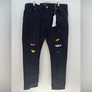 Mens, Focus Brand, Black, Straight Leg, Patches, Size 40X32